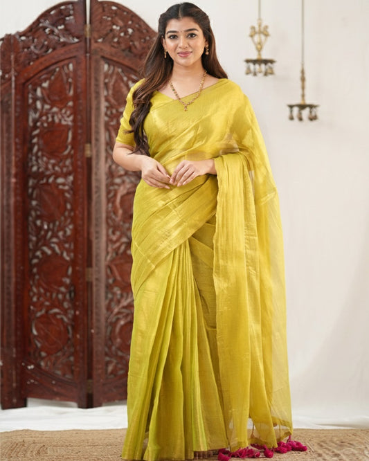 Yellow Color Handloom Raga Tissue Cotton Saree