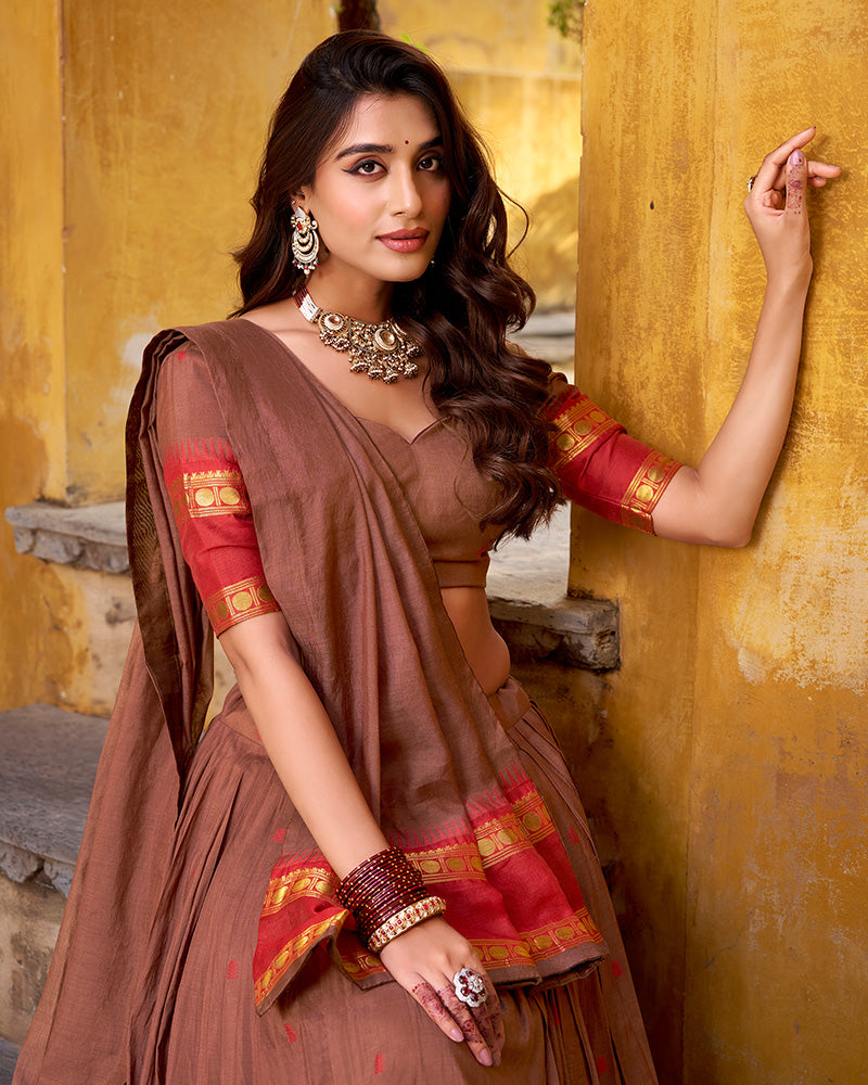 Traditional Brown Color Chanderi Half Saree With Zari Detailing