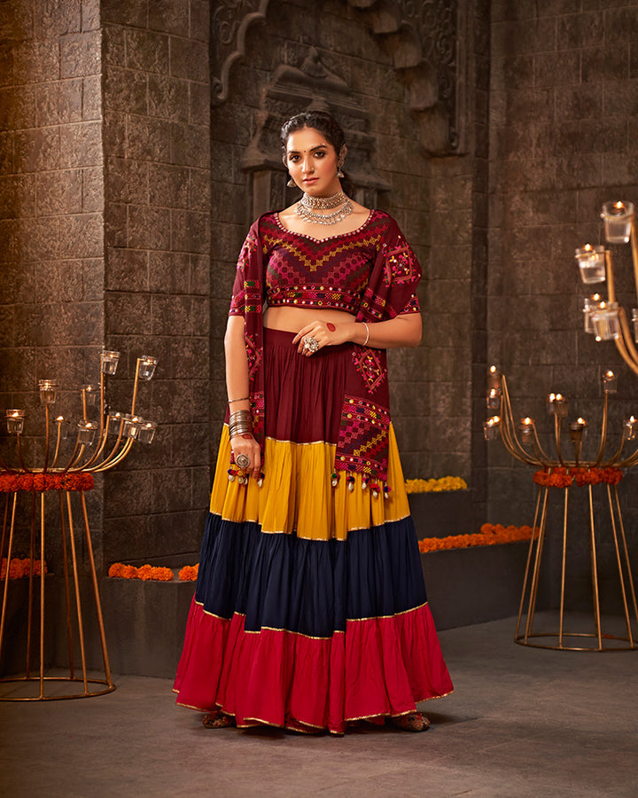 Multi Color Viscose Rayon With Real Mirror Work Navratri Lehenga Choli