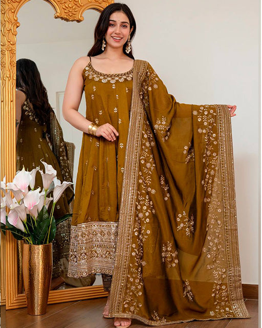 Mehandi Color Vichitra Silk Embroidered Anarkali Suit