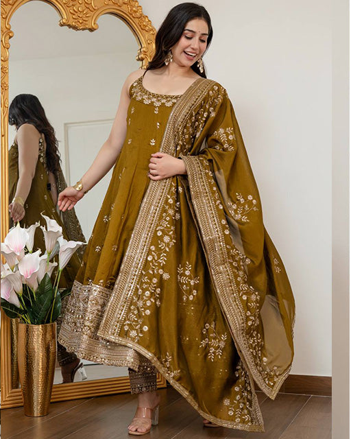 Mehandi Color Vichitra Silk Embroidered Anarkali Suit