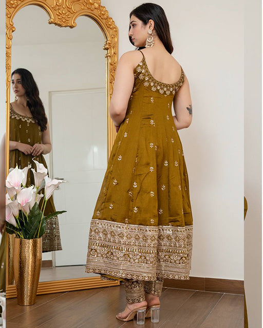 Mehandi Color Vichitra Silk Embroidered Anarkali Suit