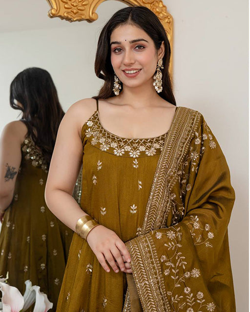 Mehandi Color Vichitra Silk Embroidered Anarkali Suit