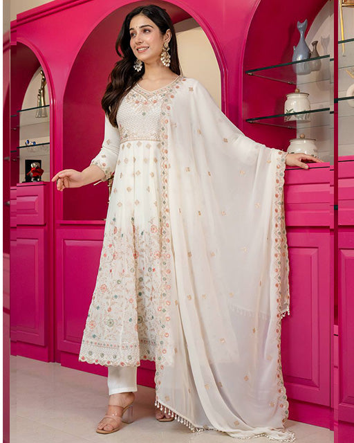 Off White Faux Blooming Sequence & Zari Thread Embroidered Anarkali