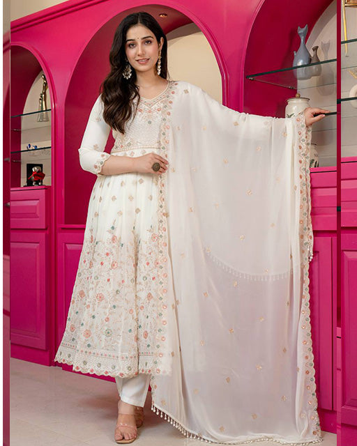 Off White Faux Blooming Sequence & Zari Thread Embroidered Anarkali