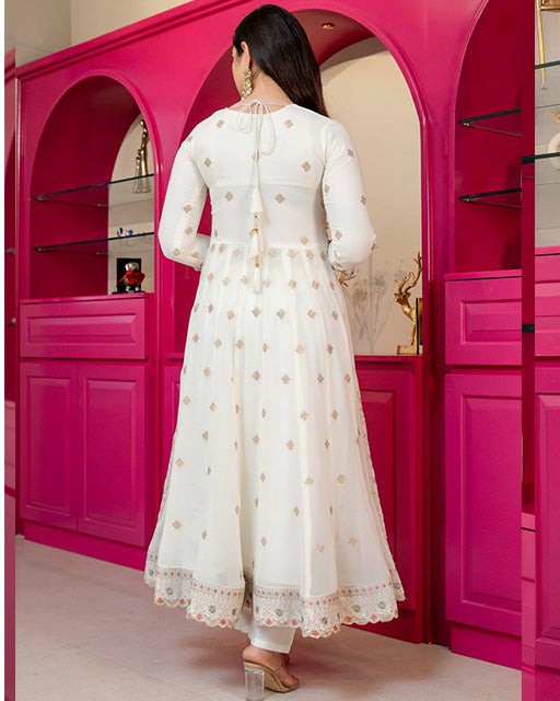 Off White Faux Blooming Sequence & Zari Thread Embroidered Anarkali