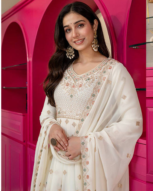 Off White Faux Blooming Sequence & Zari Thread Embroidered Anarkali