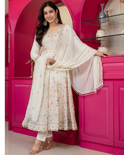 Off White Faux Blooming Sequence & Zari Thread Embroidered Anarkali