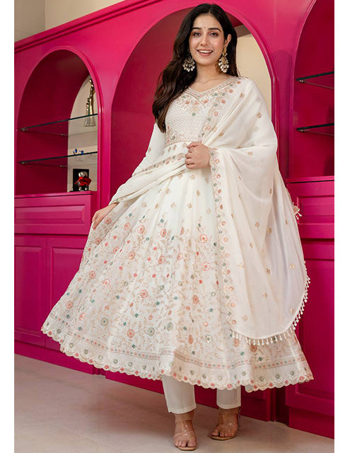 Off White Faux Blooming Sequence & Zari Thread Embroidered Anarkali