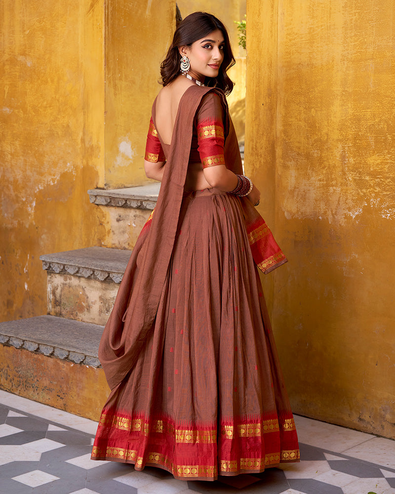 Traditional Brown Color Chanderi Half Saree With Zari Detailing