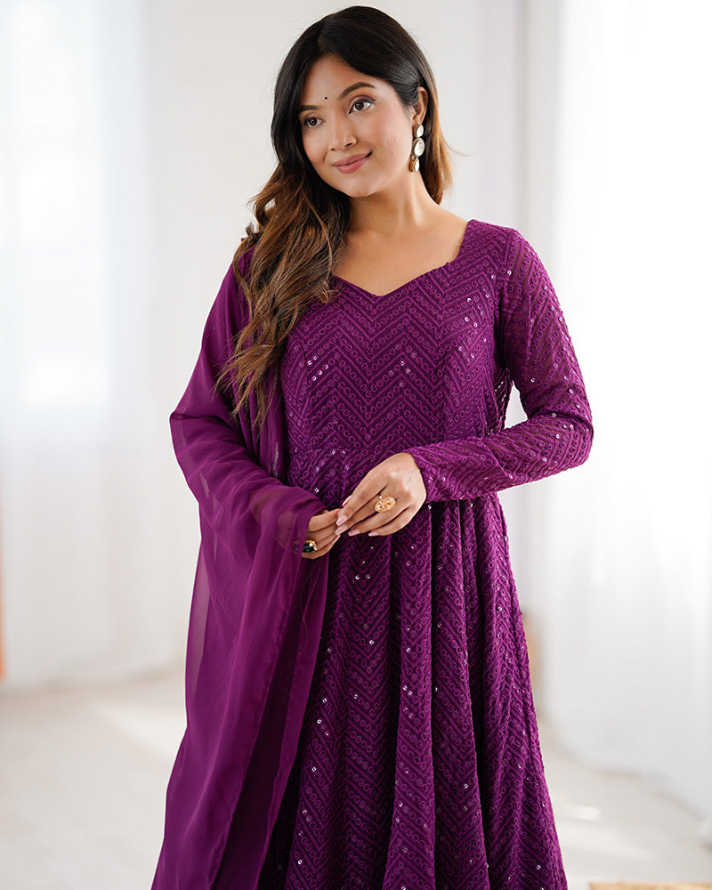 Wine Color Soft Georgette Embroidered Lucknowi Anarkali Suit