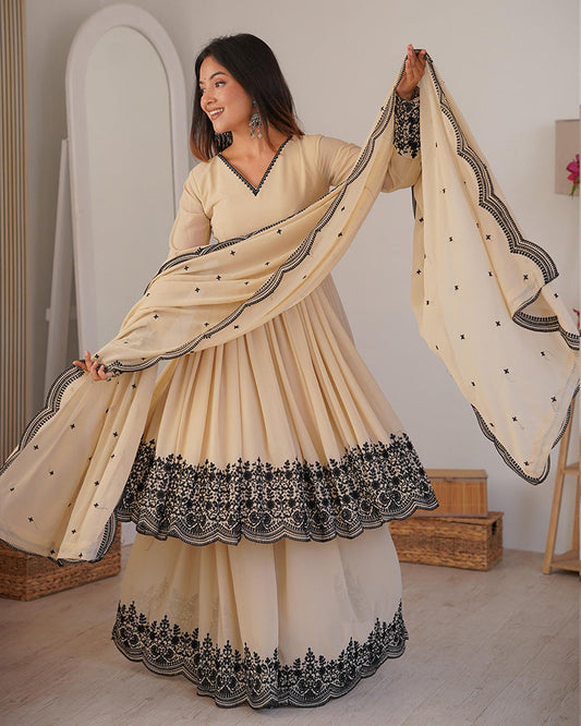 Off-White Color Faux Georgette Embroidered Plazzo Suit