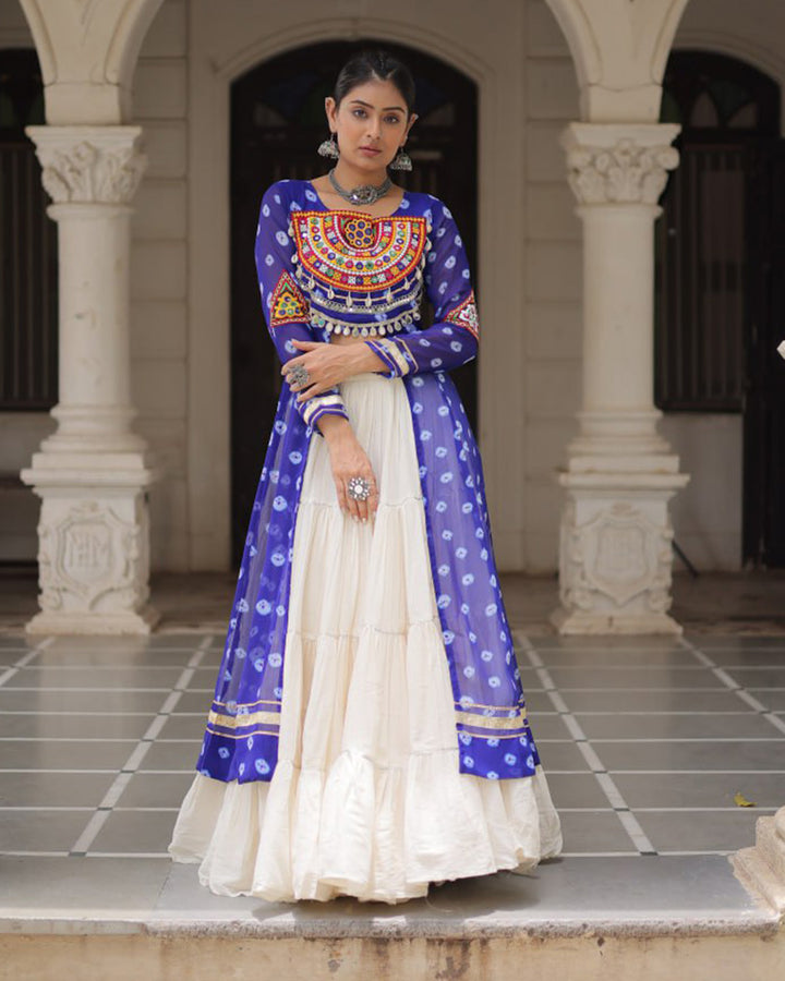 Blue Bandhani Print Gamthi Jacket Choli With Off-White Flared Lehenga