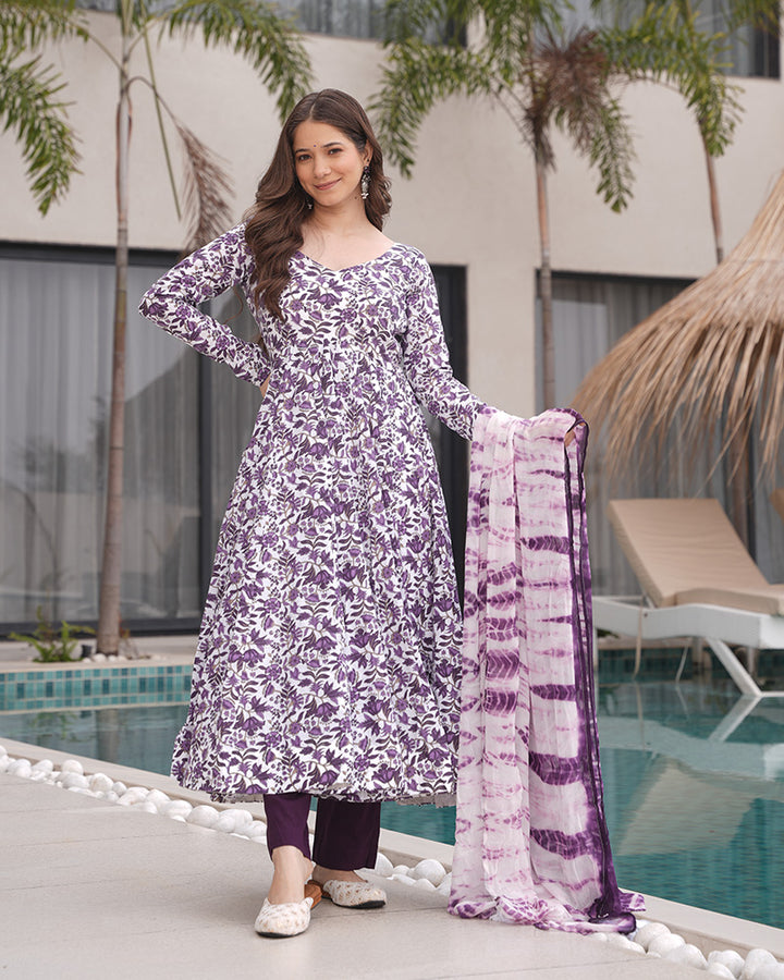 Designer White And Purple Color Cotton Printed Anarkali Suit