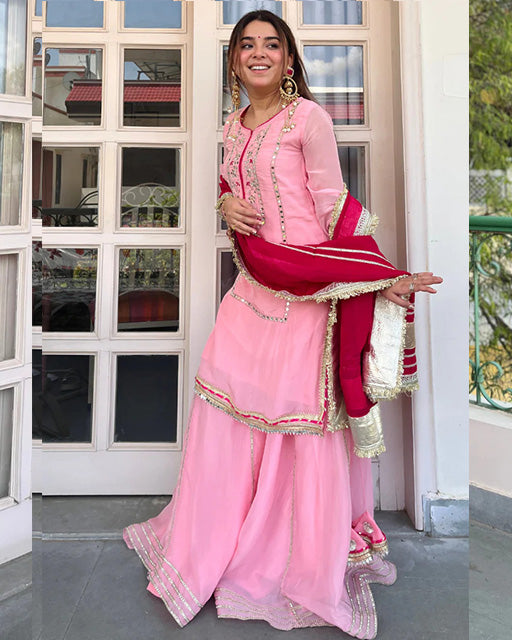Pink Color Chinon Silk Embroidered Sharara