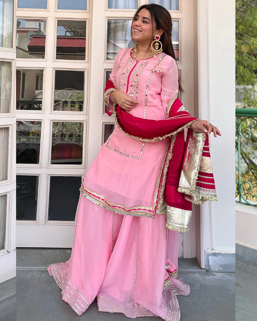 Pink Color Chinon Silk Embroidered Sharara