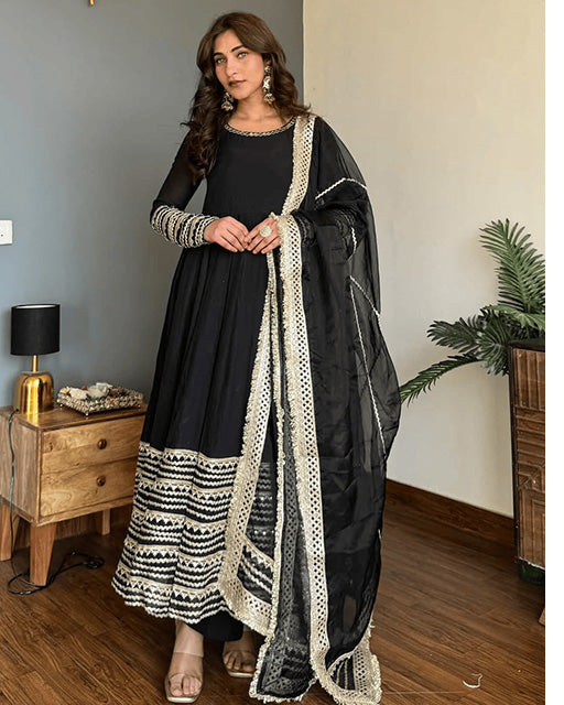 Black Color Rayon Sequence Embroidered Three Piece Anarkali Suit
