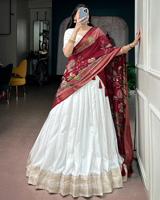 White Color Poly Kanjivaram Zari Weaving Half Saree