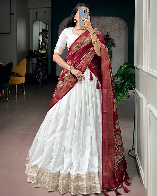 White Color Poly Kanjivaram Zari Weaving Half Saree