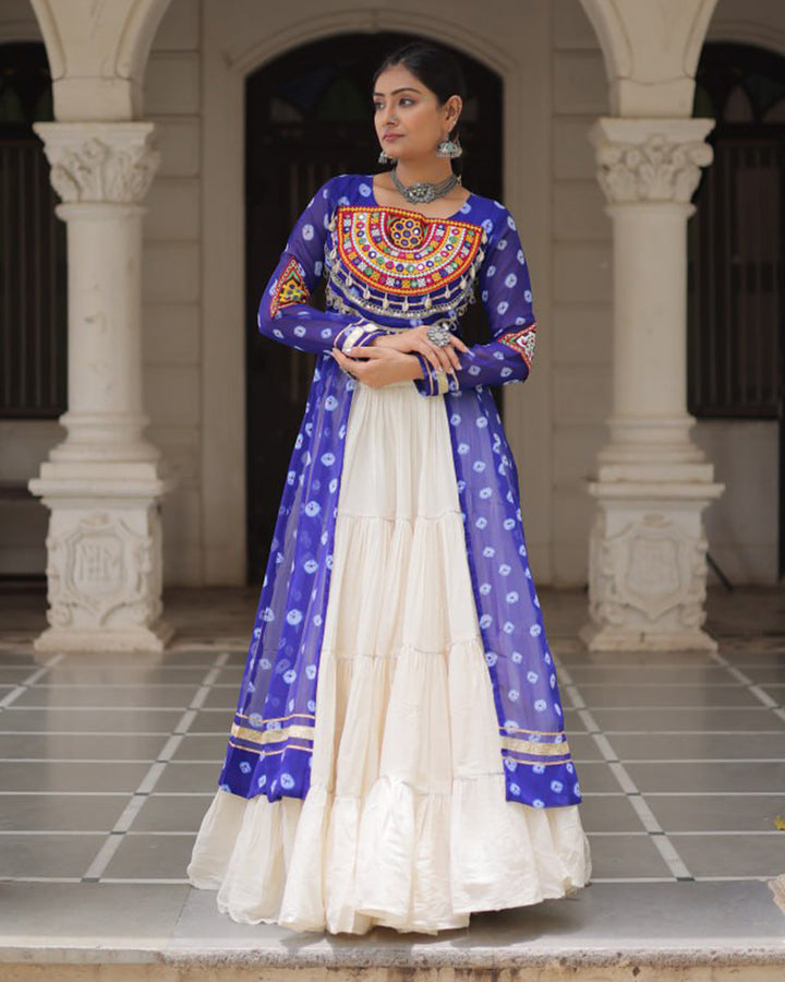 Blue Bandhani Print Gamthi Jacket Choli With Off-White Flared Lehenga