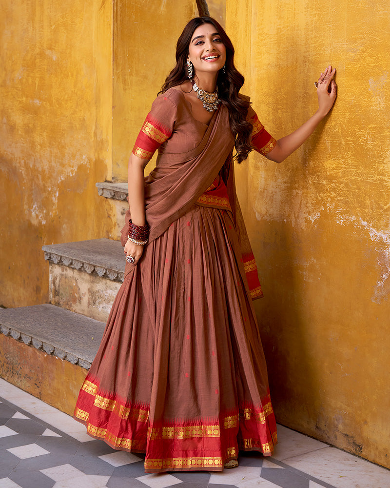 Traditional Brown Color Chanderi Half Saree With Zari Detailing