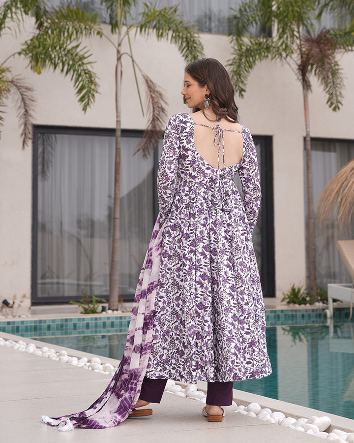 Designer White And Purple Color Cotton Printed Anarkali Suit