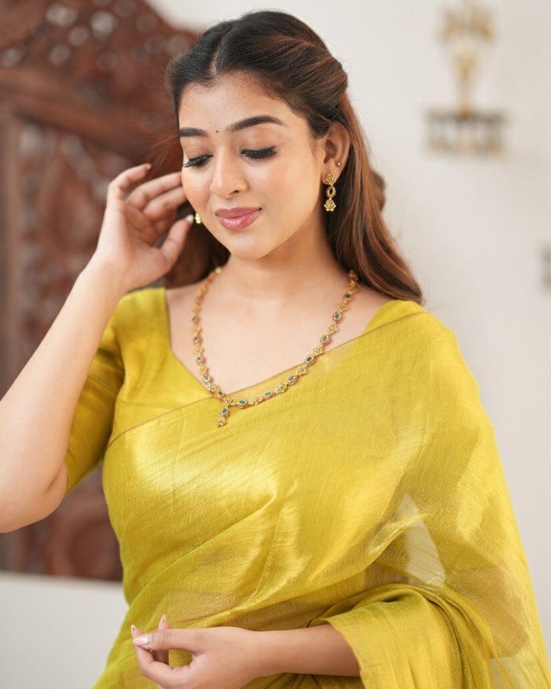 Yellow Color Handloom Raga Tissue Cotton Saree