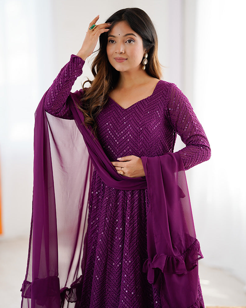 Wine Color Soft Georgette Embroidered Lucknowi Anarkali Suit
