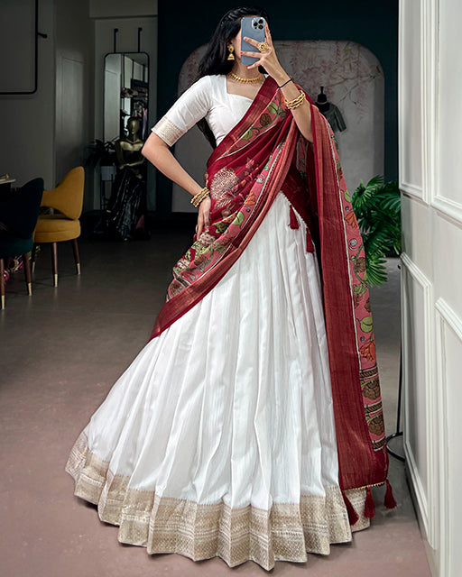 White Color Poly Kanjivaram Zari Weaving Half Saree
