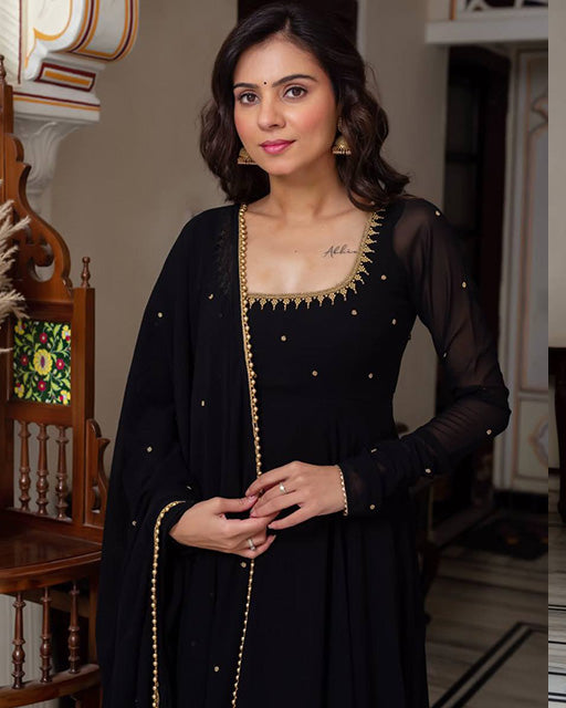Black Color Zari Thread Embroidered Blooming Anarkali Suit