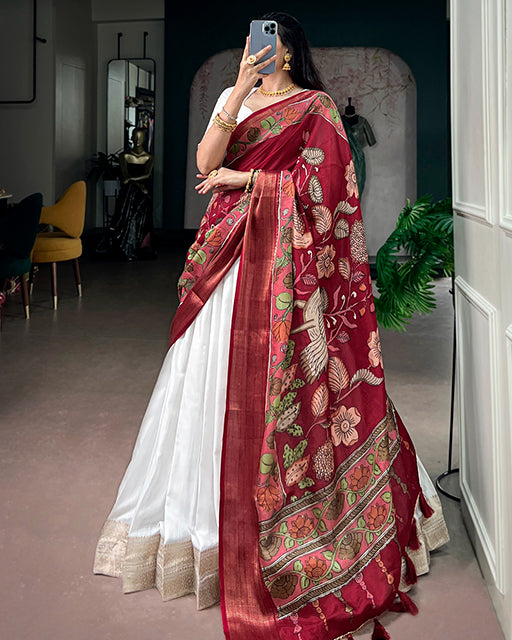 White Color Poly Kanjivaram Zari Weaving Half Saree