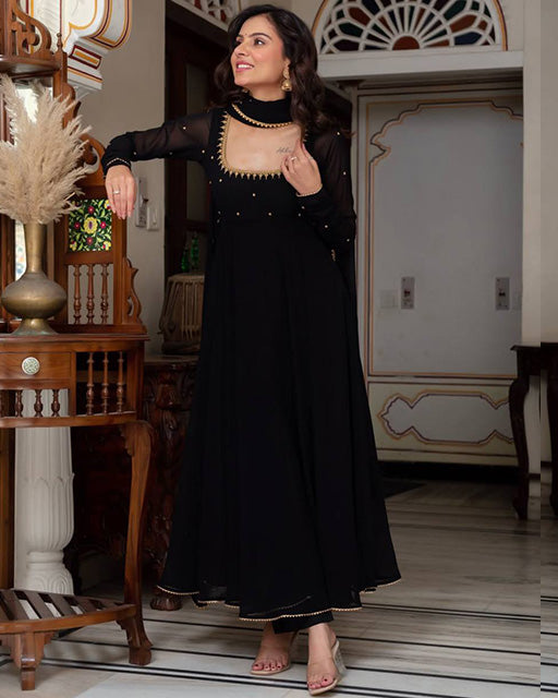 Black Color Zari Thread Embroidered Blooming Anarkali Suit