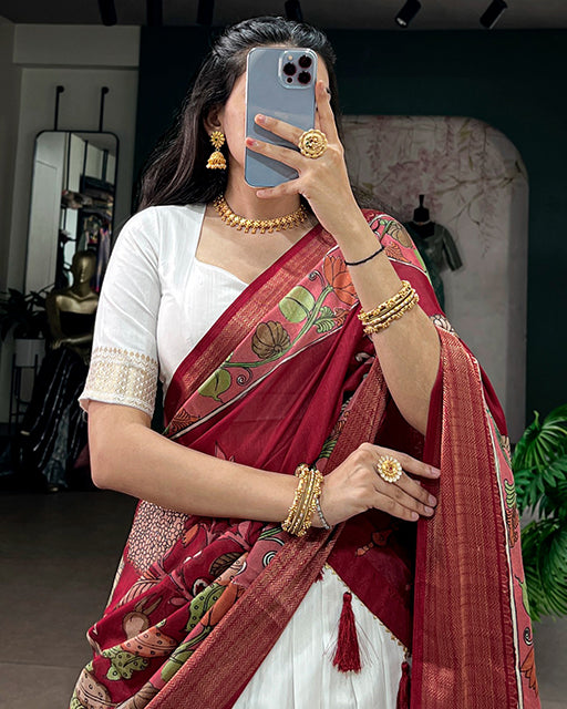 White Color Poly Kanjivaram Zari Weaving Half Saree