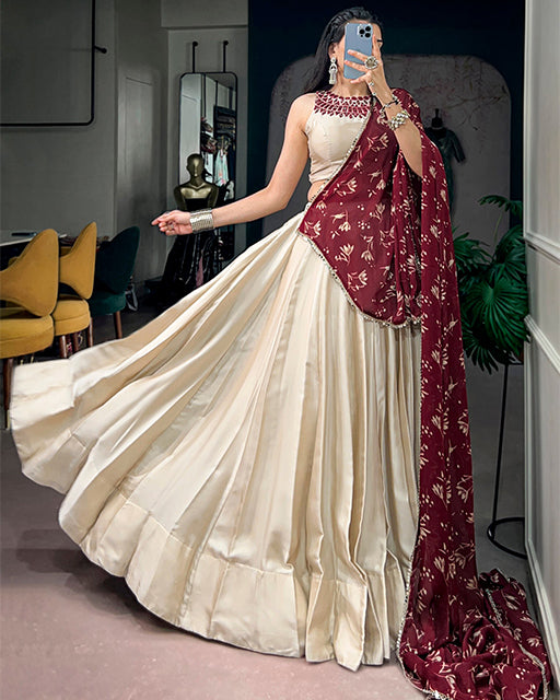 Off White Color Monga Silk Navratri Lehenga Choli