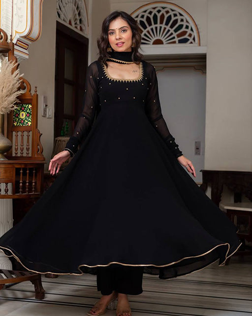 Black Color Zari Thread Embroidered Blooming Anarkali Suit