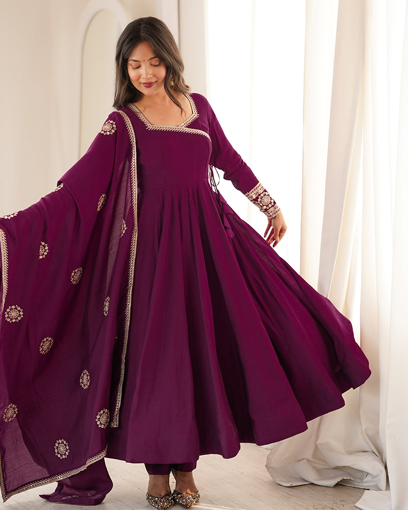 Wine Color Pure Roman Chanderi Silk Anarkali Suit