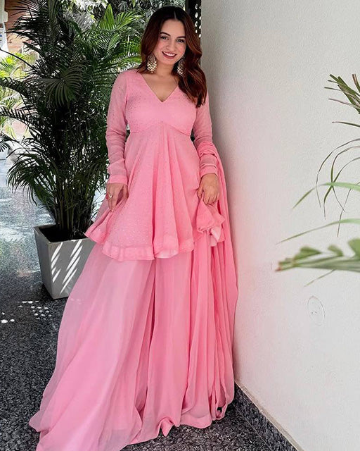 Baby Pink Color Faux Blooming Embroidered Sharara Suit