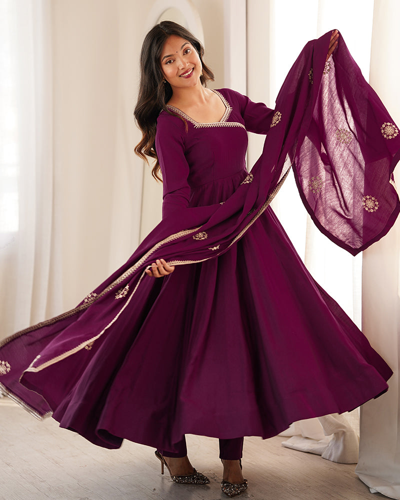 Wine Color Pure Roman Chanderi Silk Anarkali Suit