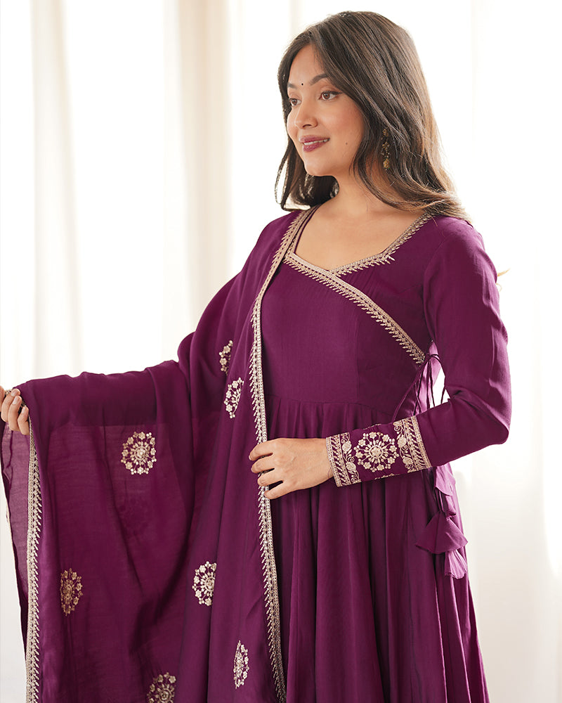 Wine Color Pure Roman Chanderi Silk Anarkali Suit