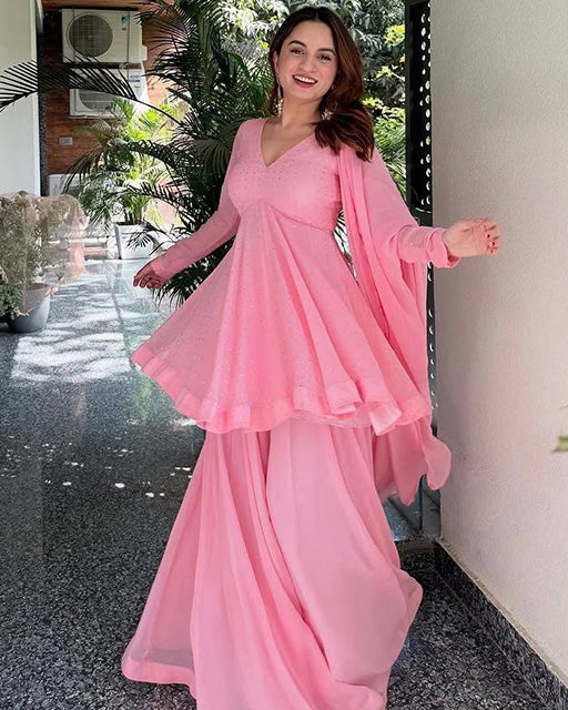 Baby Pink Color Faux Blooming Embroidered Sharara Suit