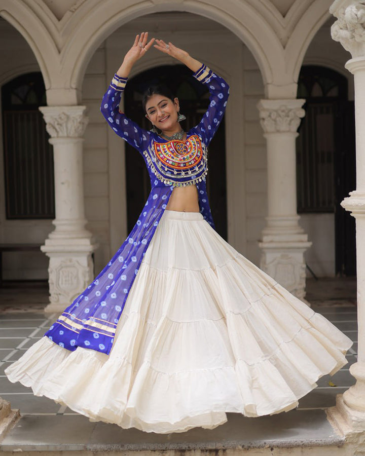 Blue Bandhani Print Gamthi Jacket Choli With Off-White Flared Lehenga