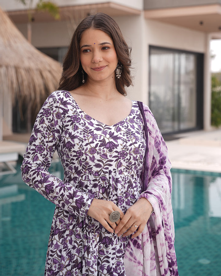 Designer White And Purple Color Cotton Printed Anarkali Suit