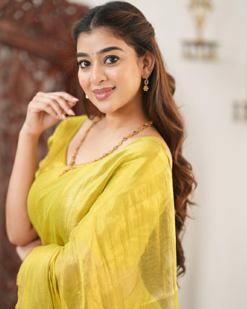 Yellow Color Handloom Raga Tissue Cotton Saree