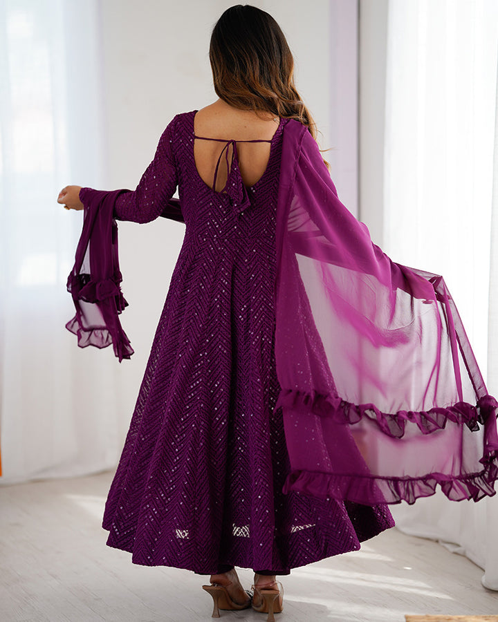 Wine Color Soft Georgette Embroidered Lucknowi Anarkali Suit