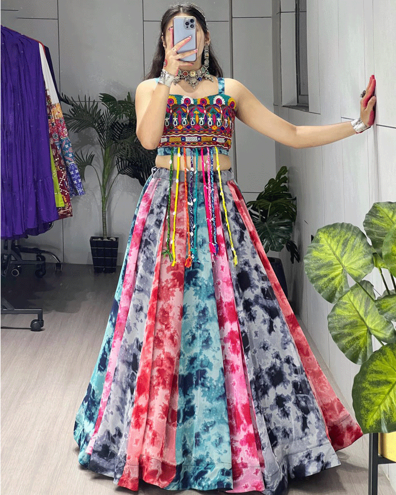 Multi Color Georgette Shibori Printed Navratri Lehenga Choli
