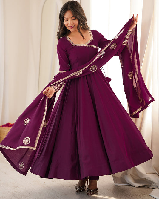 Wine Color Pure Roman Chanderi Silk Anarkali Suit