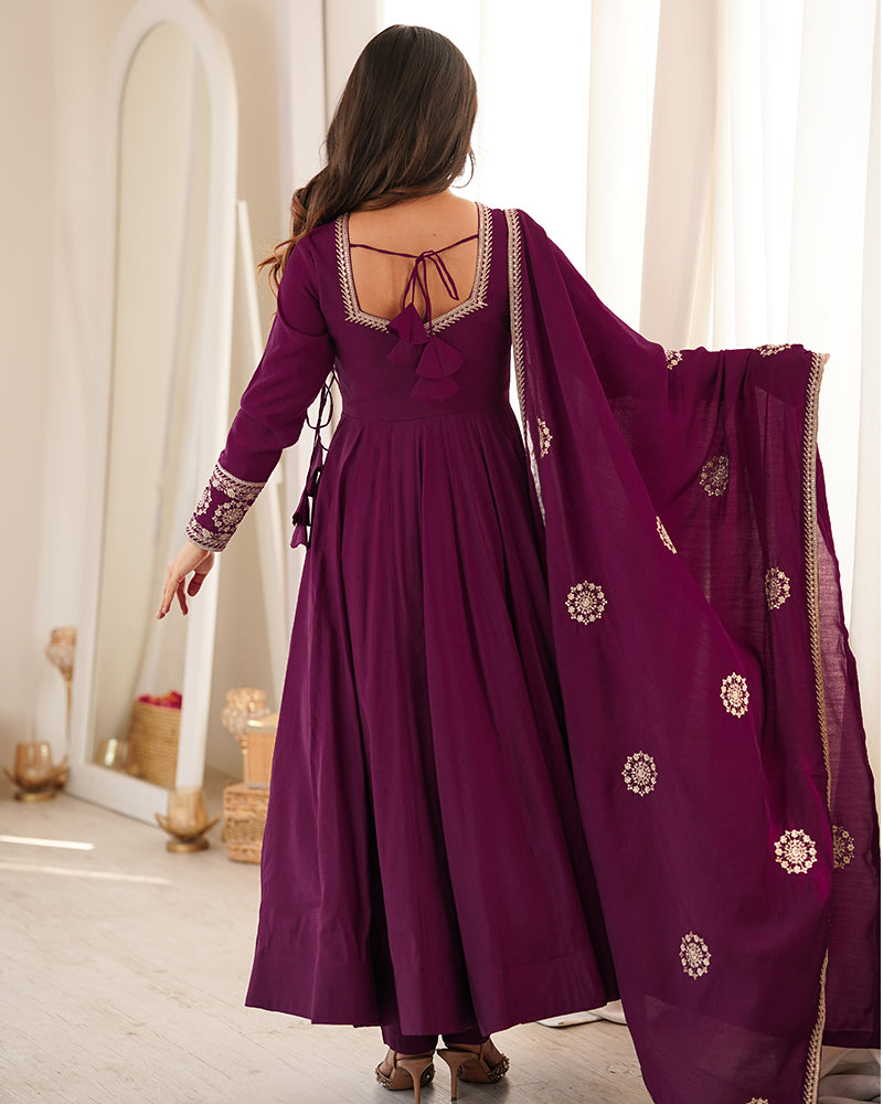 Wine Color Pure Roman Chanderi Silk Anarkali Suit