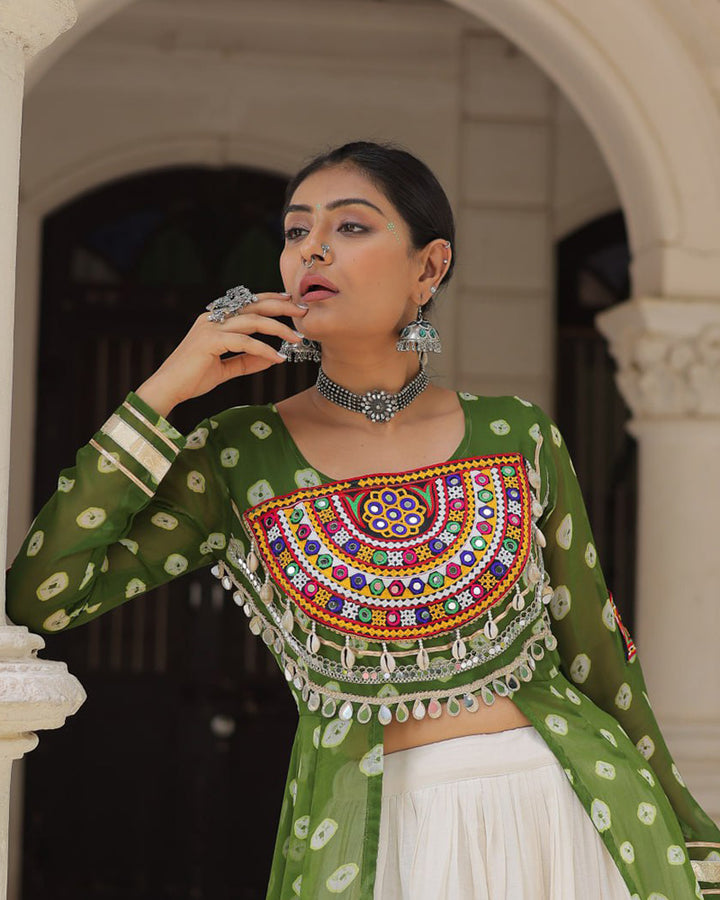 Parrot Green Bandhani Print Gamthi Jacket Choli With Off-White Flared Lehenga