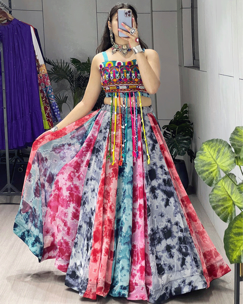 Multi Color Georgette Shibori Printed Navratri Lehenga Choli