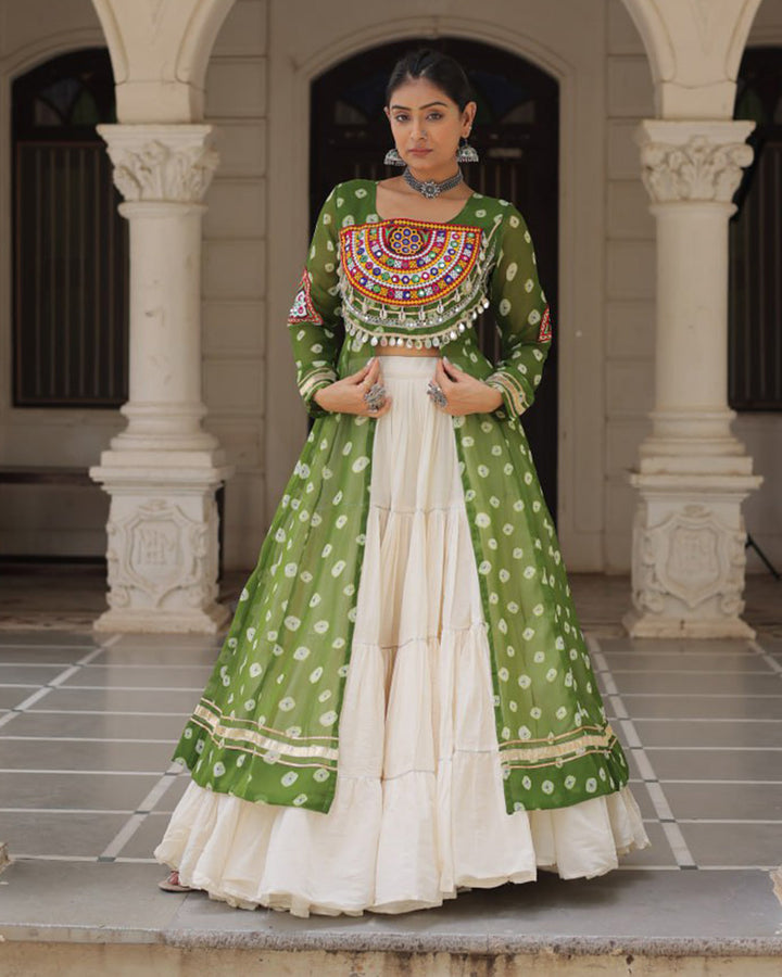 Parrot Green Bandhani Print Gamthi Jacket Choli With Off-White Flared Lehenga